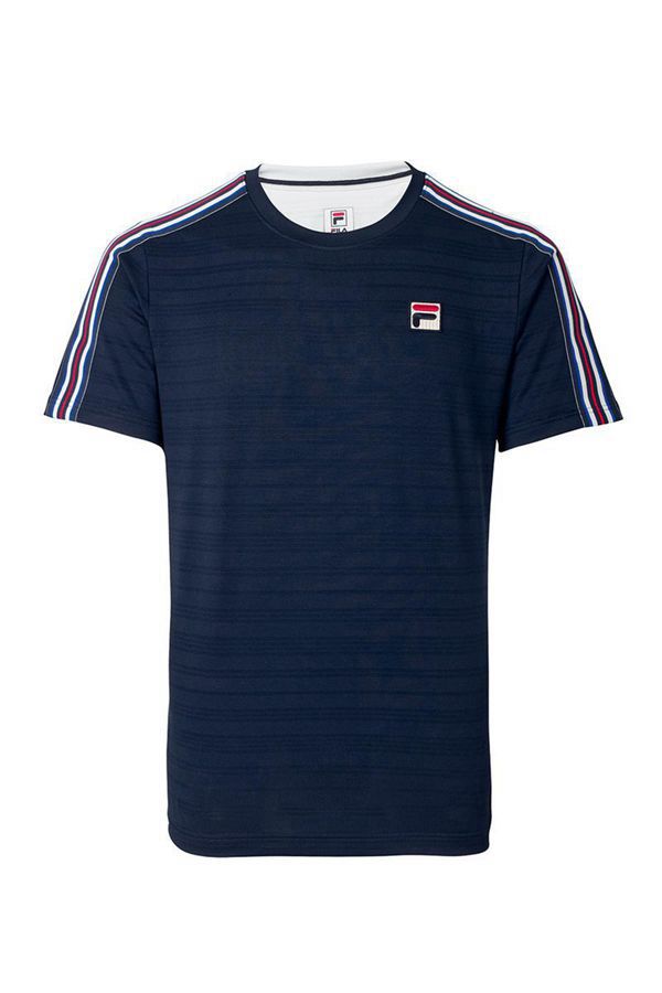 Fila Crew Neck Top Panske Námornícka Modrá / Biele / Červené - Heritage Tenis Striped Vypredaj - Slo